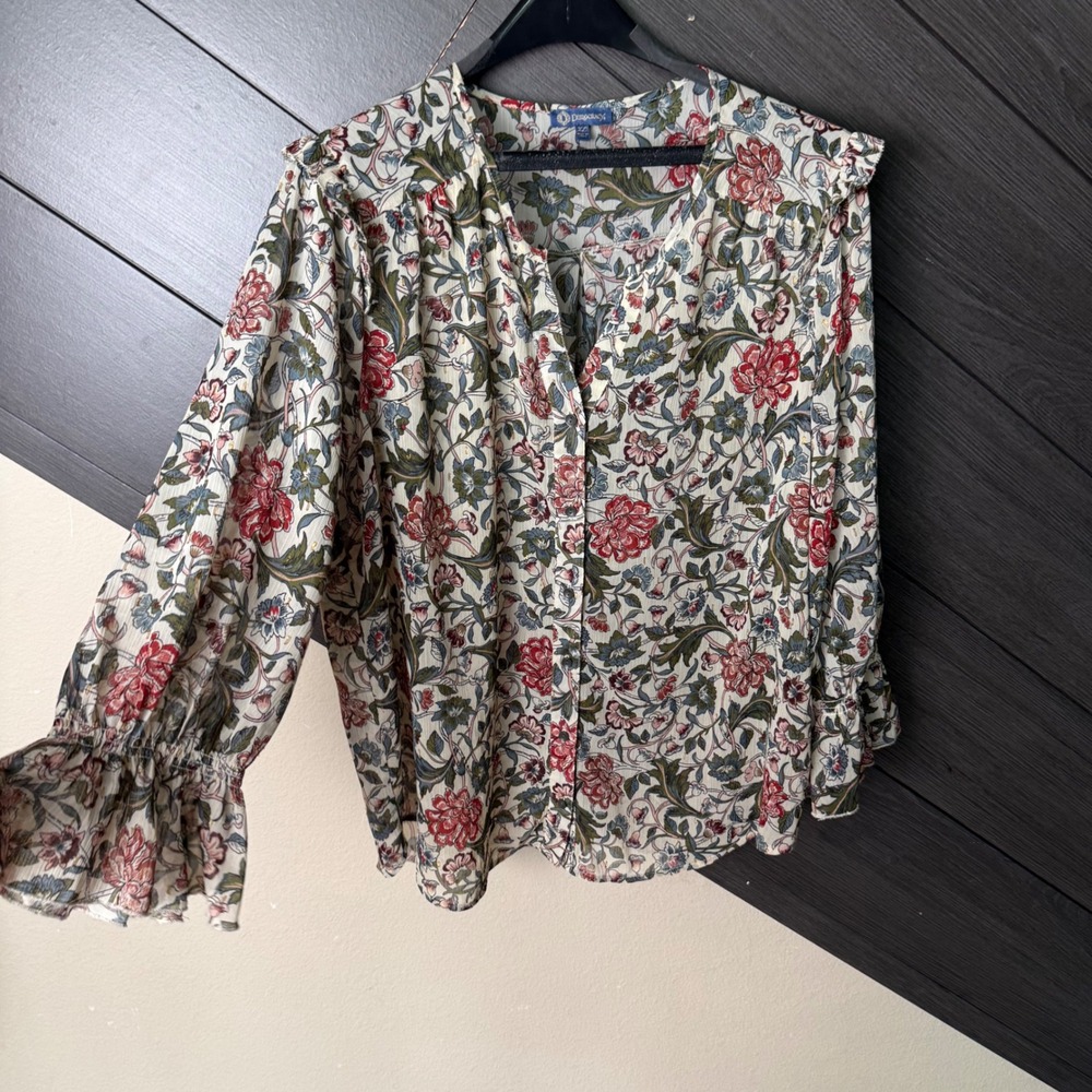 Democracy Women's Floral Button Up Peasant Blouse XL Boho Ruffle Bell Sleeve - Picture 2 of 7
